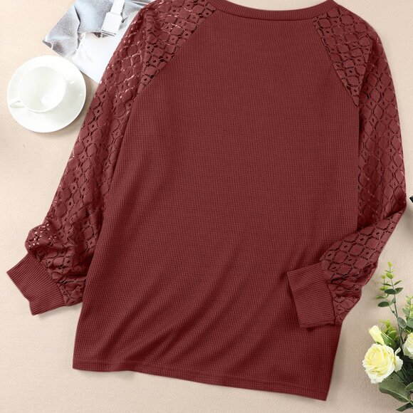 Red Eyelet Lace Raglan Sleeve Drop Shoulder Plus Size Top - Picture 3 of 11